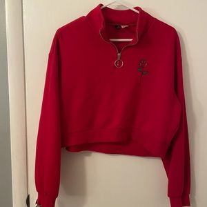 Red Cropped Sweatshirt Zip Up